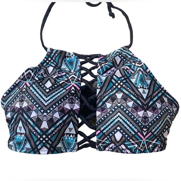 Rue Blue Geometric Cutout High Neck Halter Swim Top - Picture 5 of 7
